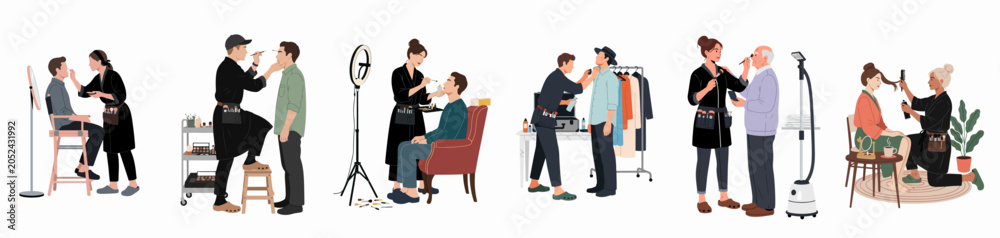 Fototapeta premium Set of Professional Makeup Artists and Hairstylists Working on Clients in Various Backstage and Studio Settings Illustration