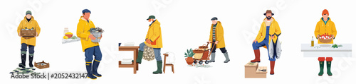 Bild auf Leinwand Vector illustration of professional fishermen in yellow raincoats presenting various fresh seafood like fish, crabs, oysters, and shrimp against a white background