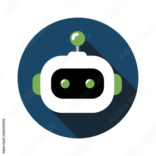 Robot Icon - Friendly Robot Face Icon on Dark Blue Circular Background Minimalist Design