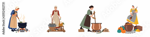 Fotografía Vector illustration set of women in historical costumes cooking food in large cauldrons over open fires, featuring traditional autumn and colonial themes