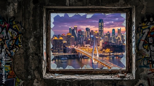 City skyline at dusk through a broken window frame