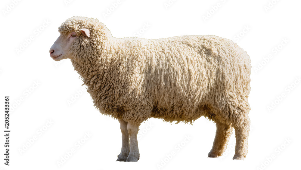 Naklejka premium Fluffy white sheep standing profile view