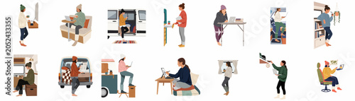 Foto Illustration set of women living a cozy digital nomad lifestyle, working remotely from camper vans and small mobile homes
