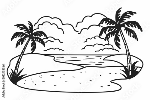 Tropical beach, palm trees, black line art, vector illustration, island landscape
