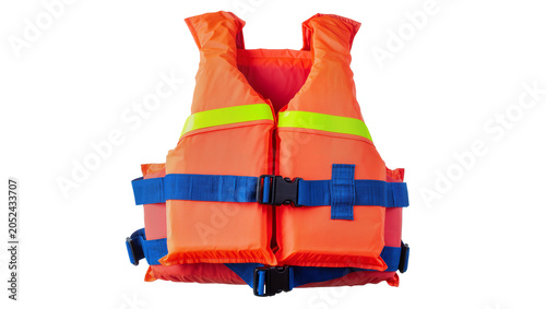 Fotografía Orange life vest with blue straps and yellow reflective bands