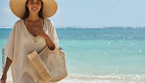 Young woman traveler in sun hat with eco friendly reusable mesh bag on tropical beach vacation, copy space