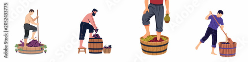 Fotografia Set of illustrations depicting men traditionally pressing and crushing grapes in wooden barrels for winemaking