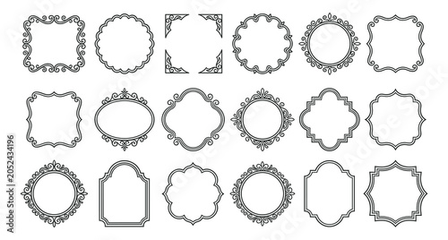 A comprehensive collection of vintage labels and frames featuring retro vector borders, ornate design elements, and decorative round stickers for classic illustration banners