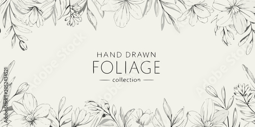 Foto Floral ornament with hand drawn leaves and stems on a cream background