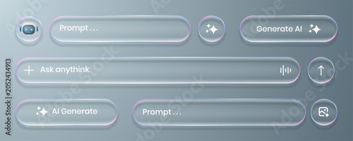 Fotografía 3D liquid glass holographic effect chat box and generate Ai buttons
