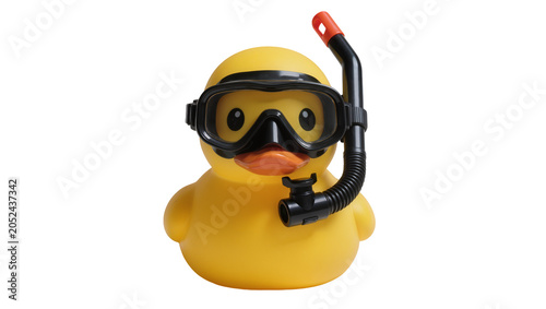 Fotografie Yellow rubber duck wearing black snorkeling mask and snorkel