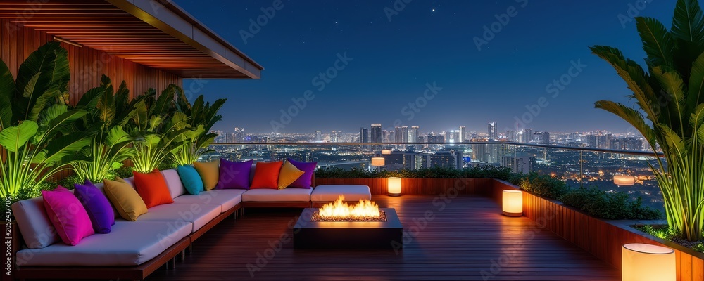 Naklejka premium Rooftop lounge with sectional sofa colorful pillows fire pit gas burner modern city skyline view. Outdoor seating area with rich plants glass railing illuminated at night.