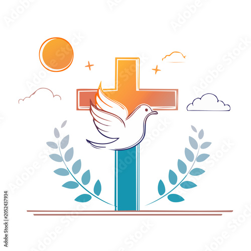 Dove and Cross with Sun and Clouds