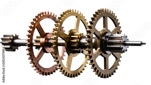 Vászonkép Clockwork gears mechanism with brass and copper cogs on shaft