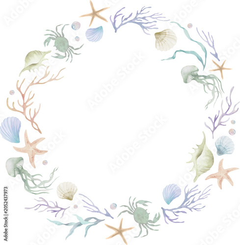 Watercolor Pastel Ocean Wreath. Hand Painted Watercolor Pastel Ocean Wreath. Marine Life Sea Shell Flower Frame Border, Underwater Coral Reef Jellyfish Starfish Invitation. Vector EPS.