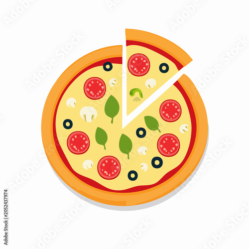 Flat illustration of a pizza with one slice removed