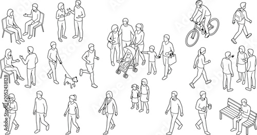 Set of isometric people walking, sitting, running, cycling and talking isolated on white background transparent background