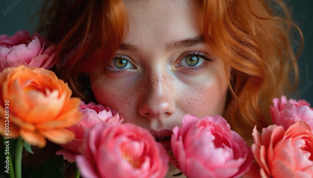 Naklejka premium Woman with red hair, green eyes peers from behind vibrant pink, orange flowers. Face light freckles, creating soft romantic mood for beauty floral concepts. Natural light illuminates features.