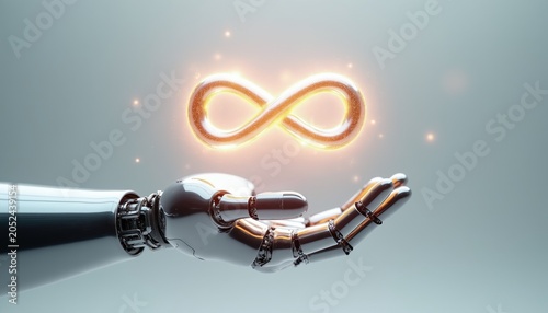 Robot hand holds glowing infinity symbol. Symbol signifies eternity future progress and unending possibilities. AI technology advancing forever.