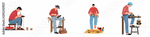 Foto Set of professional male shoemakers in red plaid shirts crafting, sewing, and repairing various footwear and leather shoes on a white background
