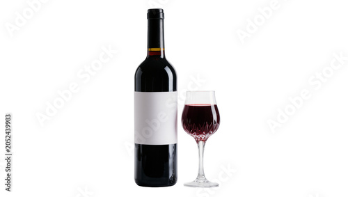 Fotografie Dark red wine in crystal glass next to bottle with blank label