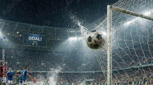 Soccer Ball Goal Scored Rainy Night Stadium Scoreboard Celebration Scene