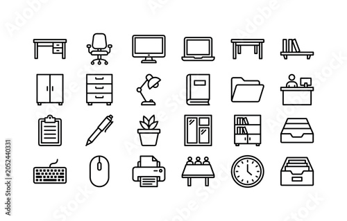 Corporate Desk Lines. Line icon set of office furniture: desk, office chair, computer monitor, laptop, table, shelf, cabinet, drawer unit, desk lamp, book, file folder, reception counter, clipboard,