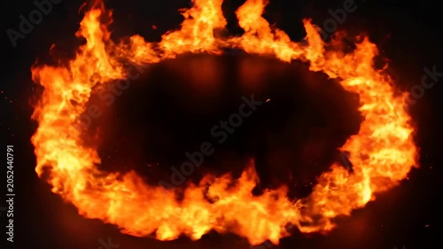 Burning fire ring on black background with glowing flames smoke orange heat, dramatic flame blaze dark night spark ember