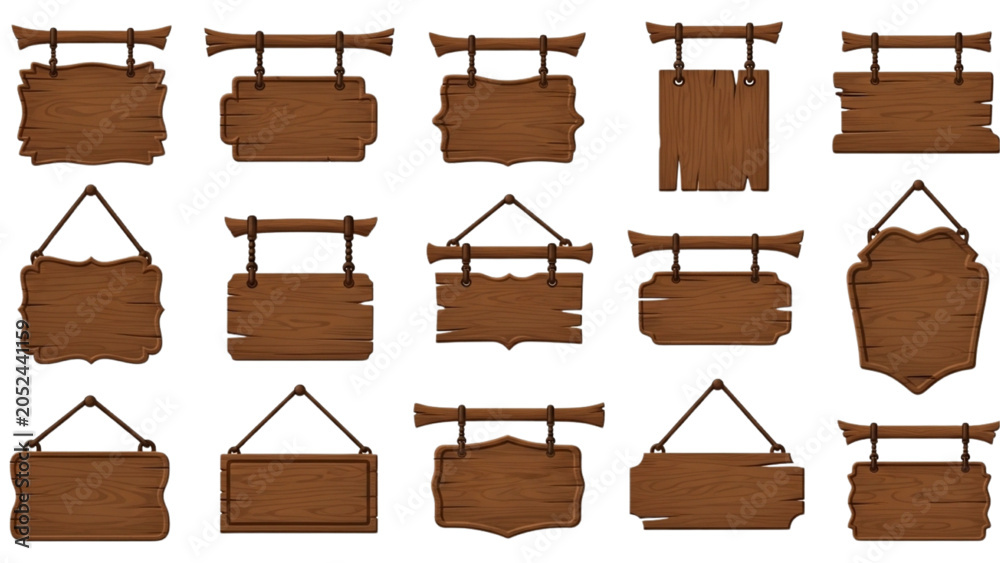 Fototapeta premium Set of Rustic Hanging Wooden Signboards with Various Empty Texture Shapes