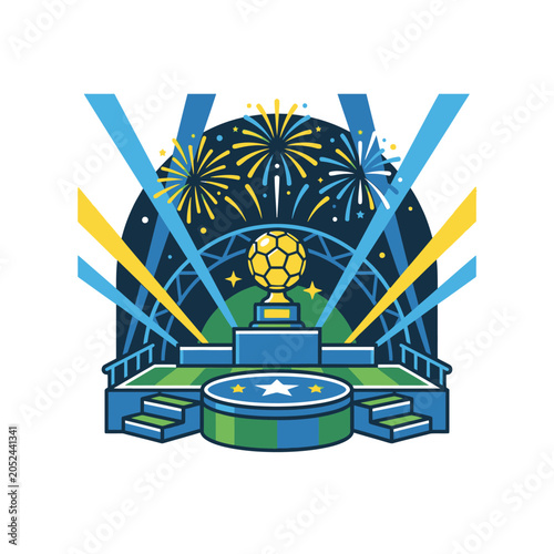 Fotografía Soccer ball trophy on podium with celebratory fireworks.