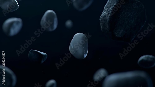 Dark Floating Stone in Abstract Blue Space Background, Soft Focus Floating Rock Pebble Scene