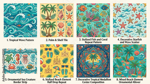Set of 8 colorful tropical and beach themed seamless patterns and decorative illustrations.