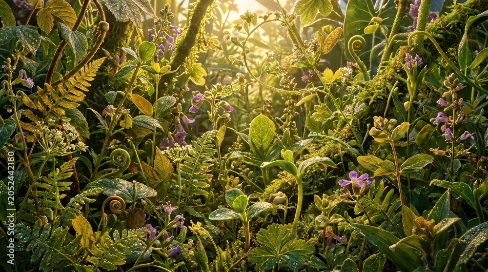 Obraz premium A vibrant and detailed close-up of lush green jungle foliage and diverse plant life illuminated by natural sunlight.