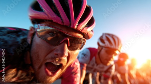 A dynamic close-up of a competitive cyclist showcasing determination and intensity as they race against their peers in a vibrant outdoor setting during sunset.