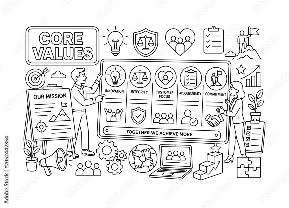 Fototapeta premium Core Values Mission. Clean outline line art banner of core values: two leaders aligning an oversized goals board and a giant teamwork values chart spread across the full canvas, with innovation bulb,