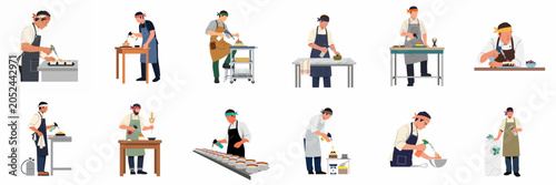 Foto Set of professional male chefs using kitchen blowtorches to caramelize desserts and finish gourmet dishes, isolated on a white background