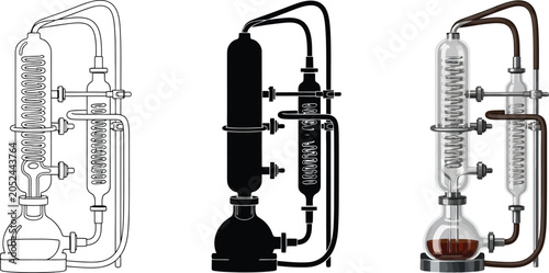 Картината върху платно Set of scientific laboratory distillation apparatus illustrations featuring outl