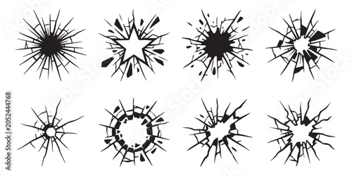 Konstfotografi Set of eight black broken glass cracks and bullet hole impact shapes for design