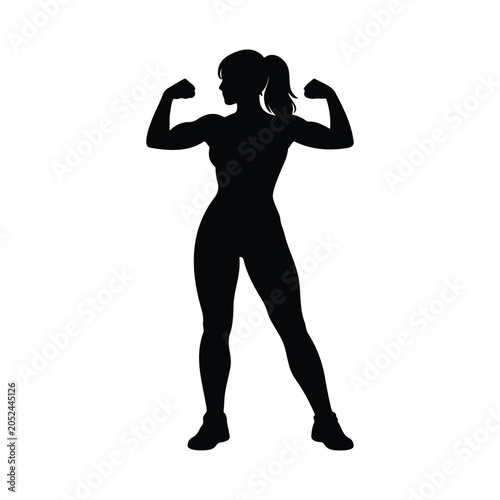 Black silhouette of a muscular female bodybuilder flexing her arms to demonstrate strength icon vector flat design.