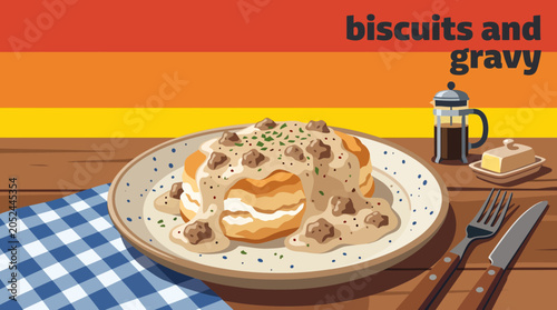 Schilderij op canvas biscuits and gravy american breakfast cuisine food recipe culinary traditional a
