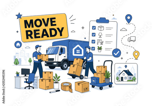 Moving Service Logistics. Banner scene about relocation service with two movers beside an oversized moving truck and a large packing checklist, courier box, office move desk, loader cart, tape roll,
