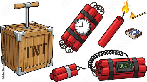 Quadro em tela Dynamite explosive bomb vector illustration set featuring wooden tnt detonator c