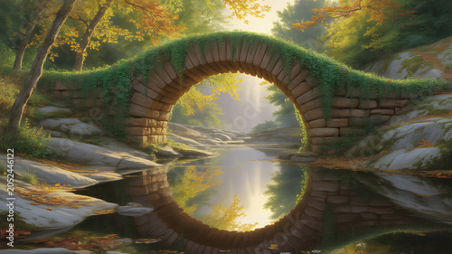 Enchanted Moss Covered Stone Bridge Over Reflective Forest Stream at Golden Sunrise