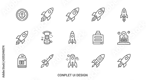 Space rocket and spacecraft line icon set.