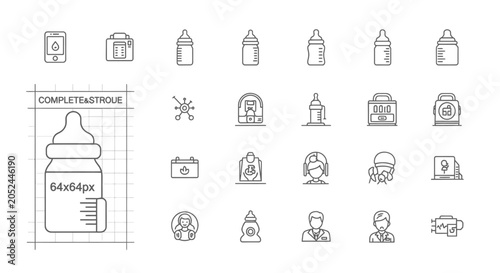 Minimal baby care and nursery thin line icon set.