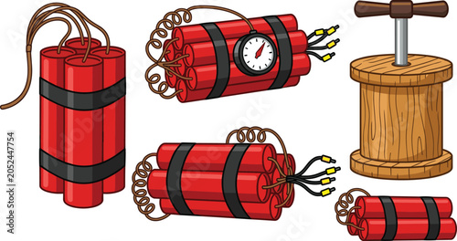 Εκτύπωση καμβά Dynamite stick and explosive bomb vector illustration set featuring red tnt bund