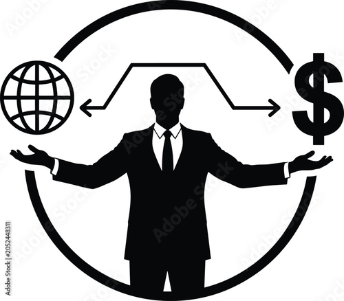 Global business finance concept with businessman balancing world economy and money exchange vector illustration