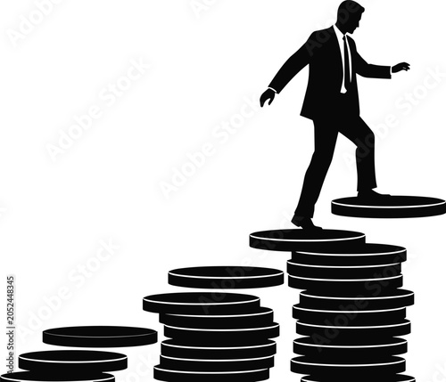 Businessman climbing stacked coins symbolizing financial growth, investment success and career progress business concept