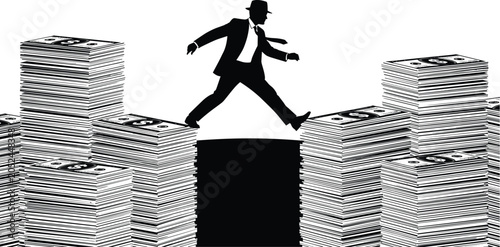 Businessman walking across stacks of money symbolizing financial risk, wealth growth and investment success concept