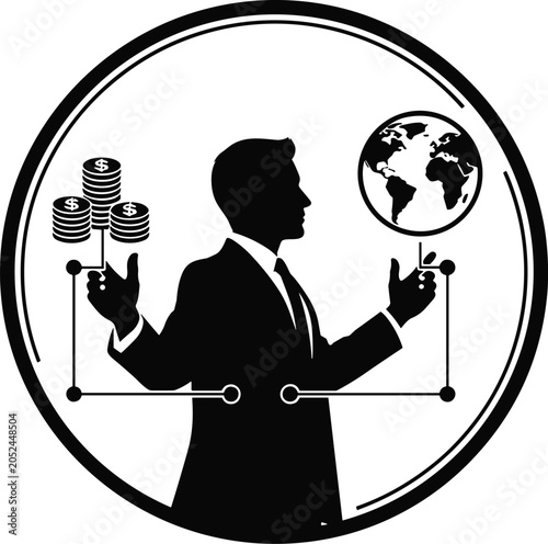 Businessman balancing global economy and financial growth concept with money stacks and world market vector illustration